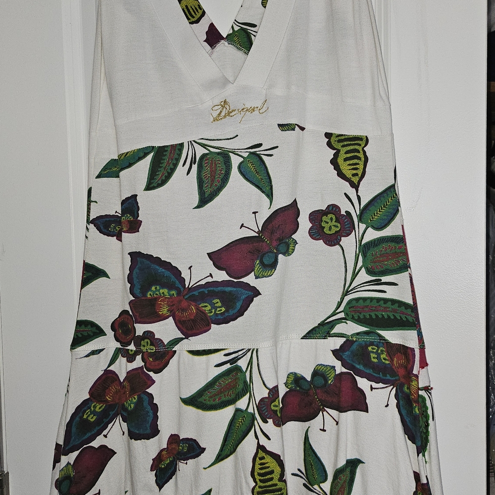 Desigual White Maxi Dress with Butterfly and Leaf Print